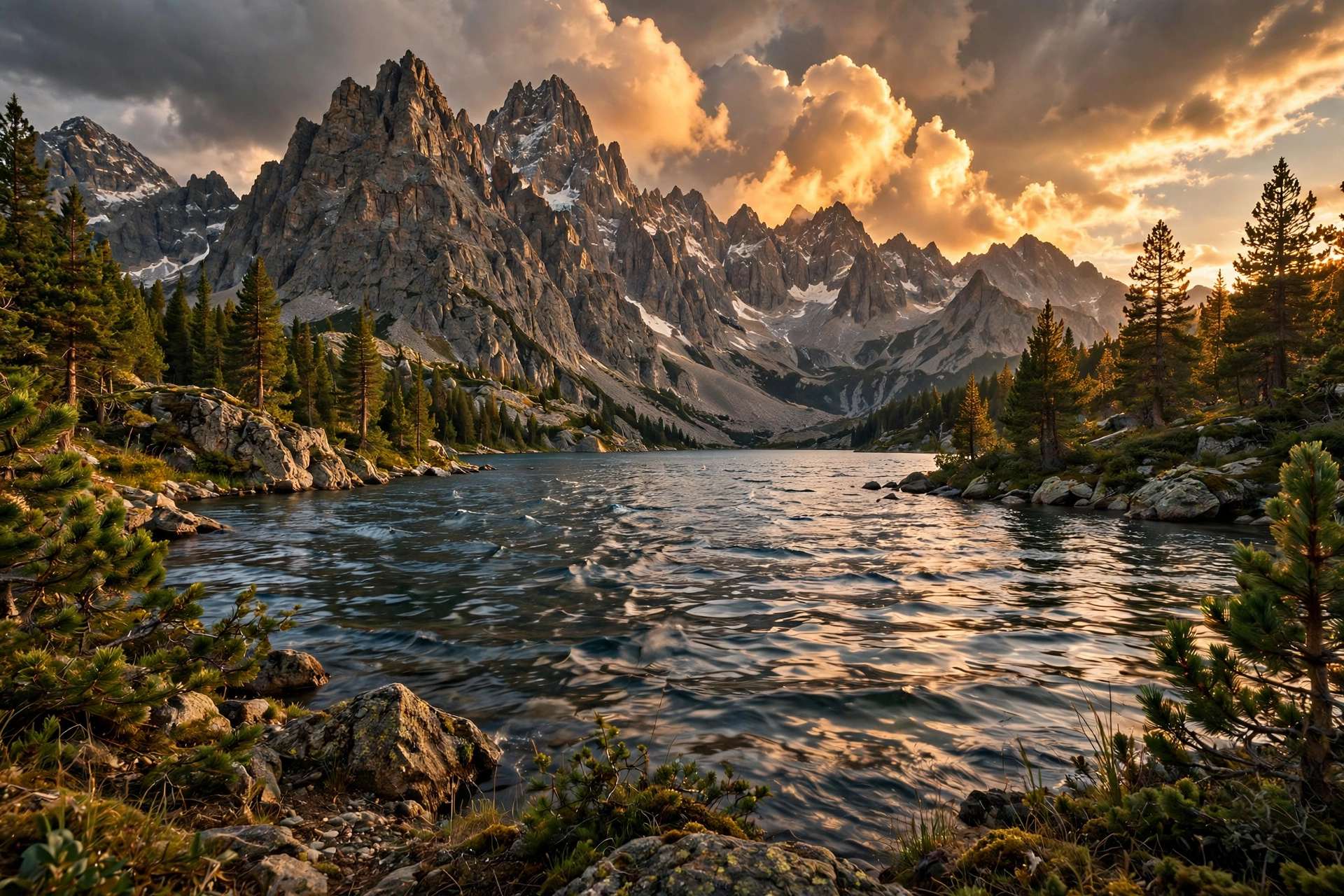 The same alpine lake photograph after compression — 380 KB